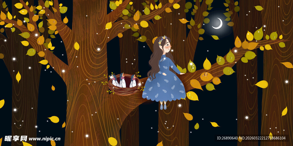 女孩在落叶纷飞的树下许愿