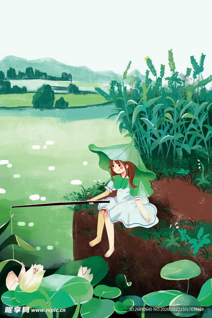 女孩溪边悠然垂钓