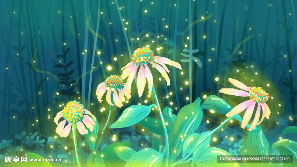 梦幻蓝境中的绚烂花朵