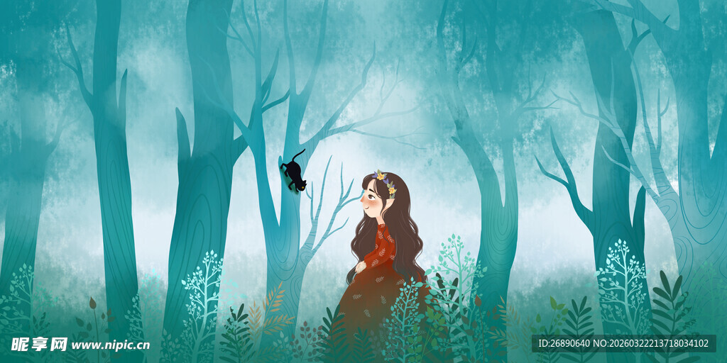 森林中的红衣女孩与飞鸟