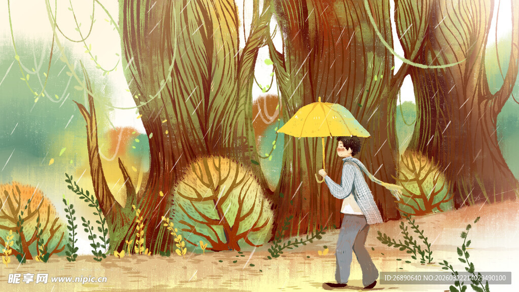 雨中漫步的林间男子