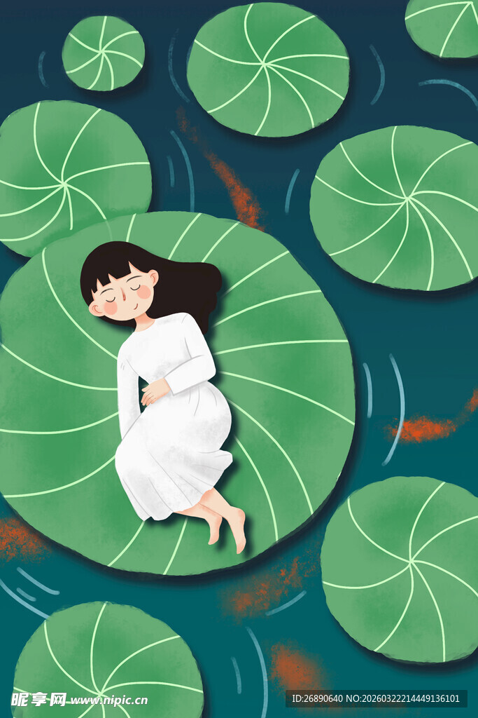 女孩静卧于荷叶之上