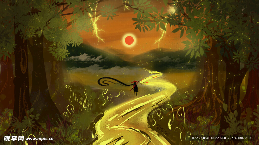 奇幻森林中的金色蜿蜒小径