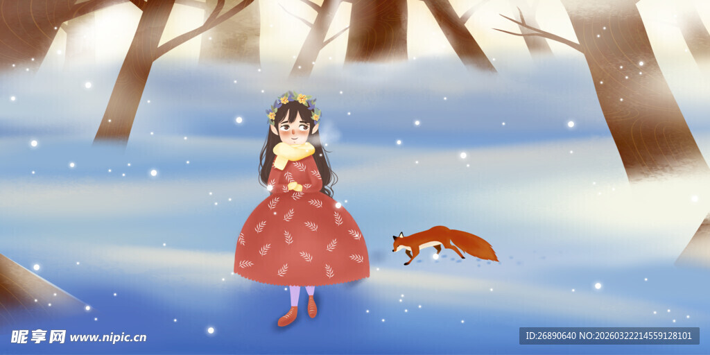 雪中小女孩与灵动狐狸