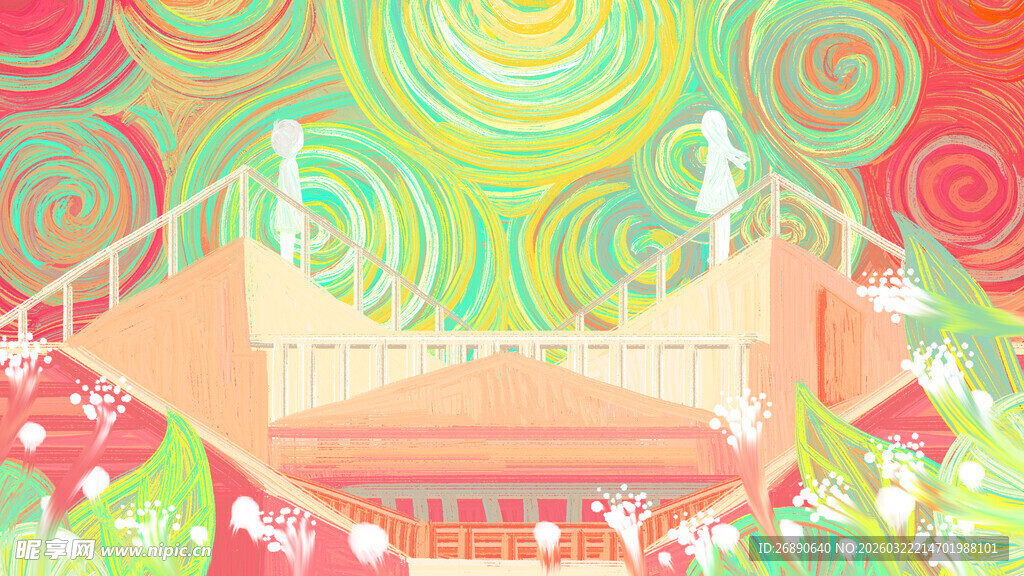 梦幻多彩的户外吊床场景