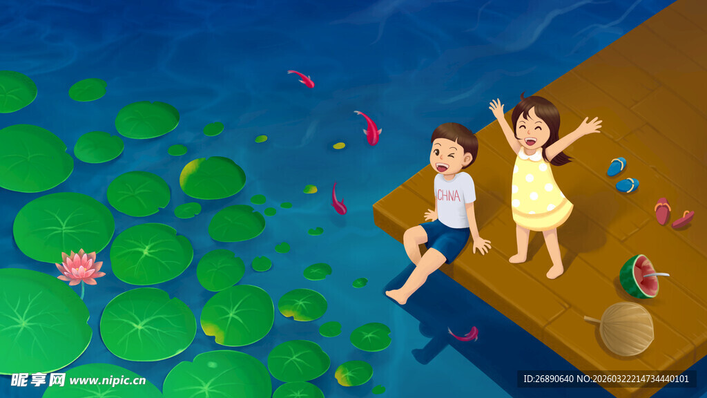 儿童在水边木台上欢乐玩耍