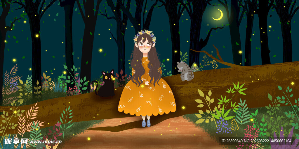 森林中身着黄裙的梦幻女孩