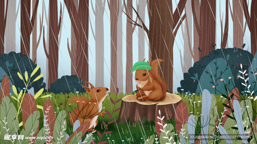 森林中松鼠在树桩旁活动