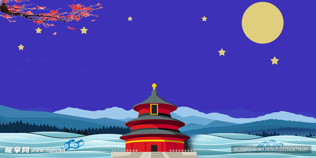 月夜下的古建筑景观