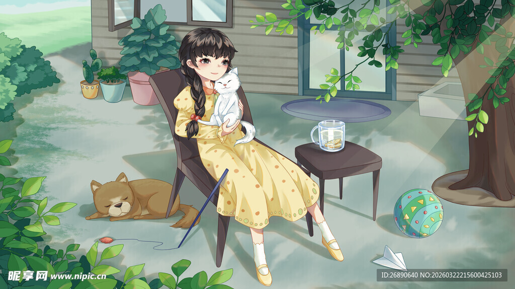 庭院中的女孩惬意阅读时光