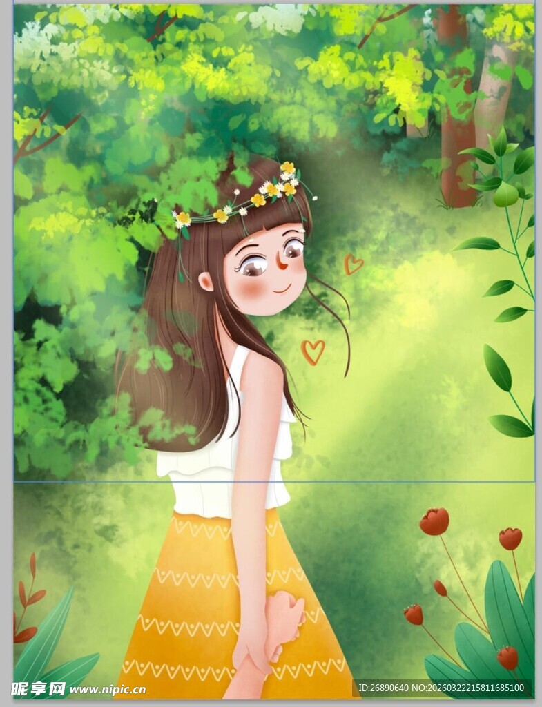 森林中的花环少女