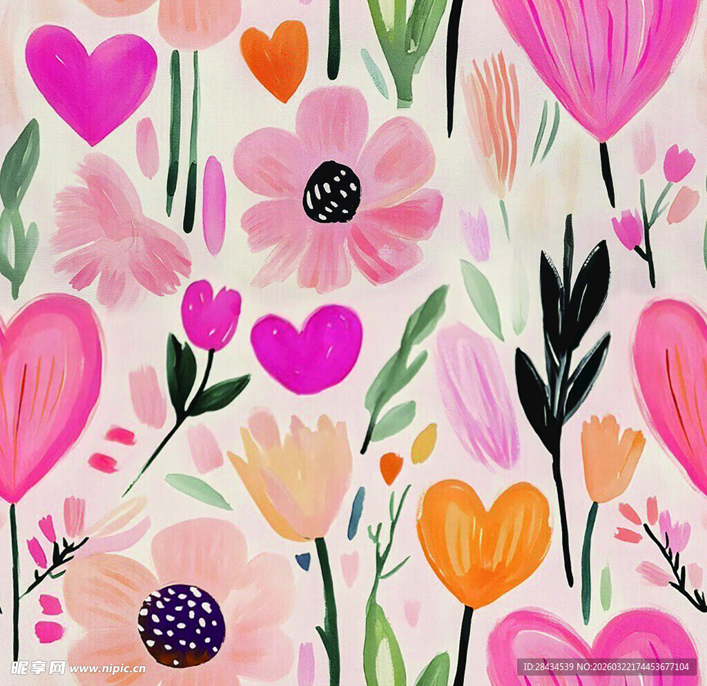 粉色花卉爱心手绘图案