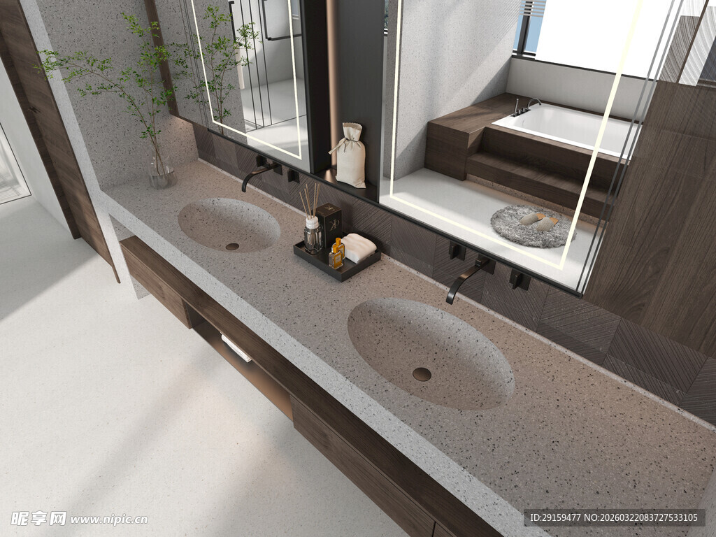 现代双盆浴室洗手台场景