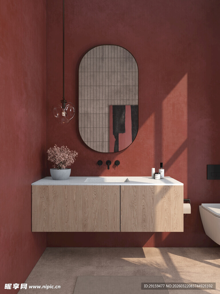 复古红墙浴室洗手台设计