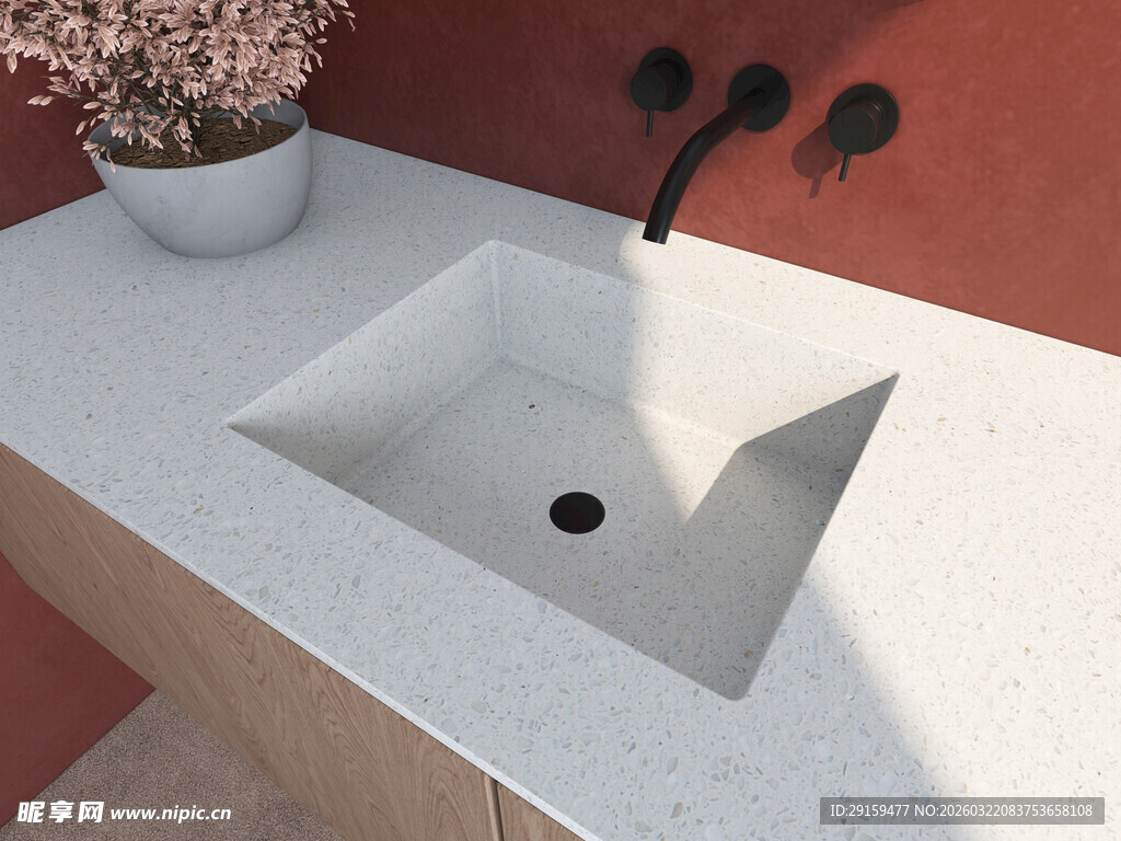 方形洗手台搭配绿植装饰