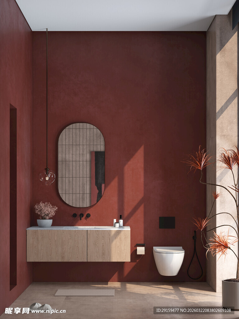复古红墙的现代卫浴空间