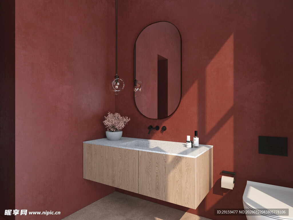 复古红调现代风浴室一角