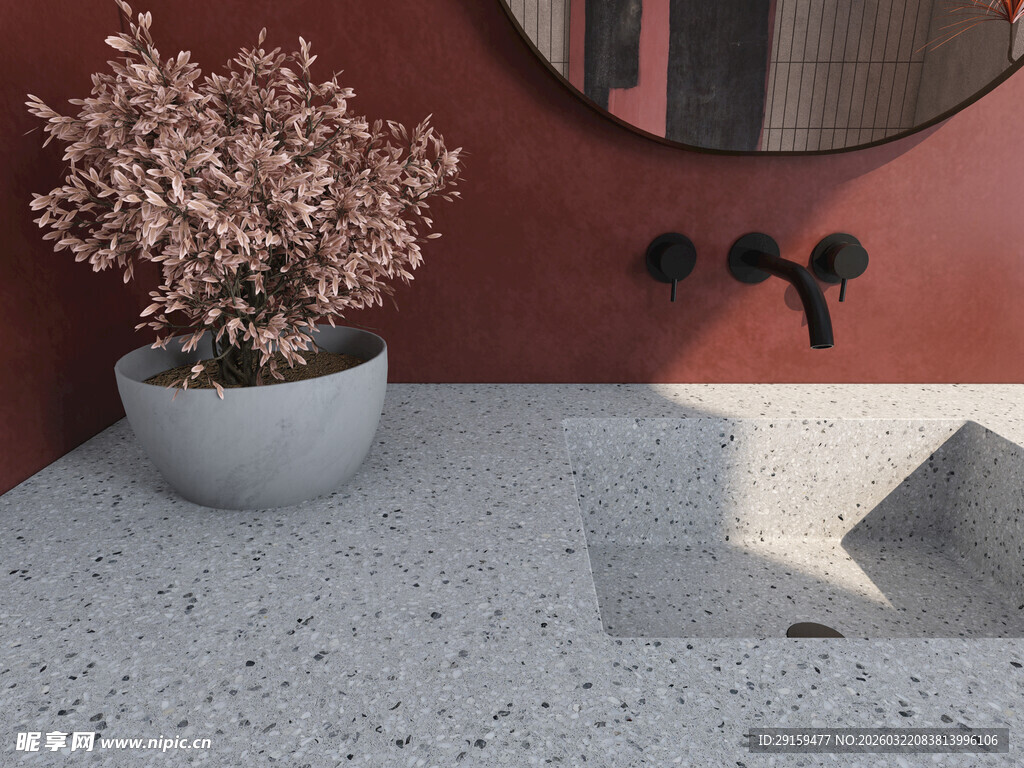 浴室陶瓷盆栽与洗手台景观