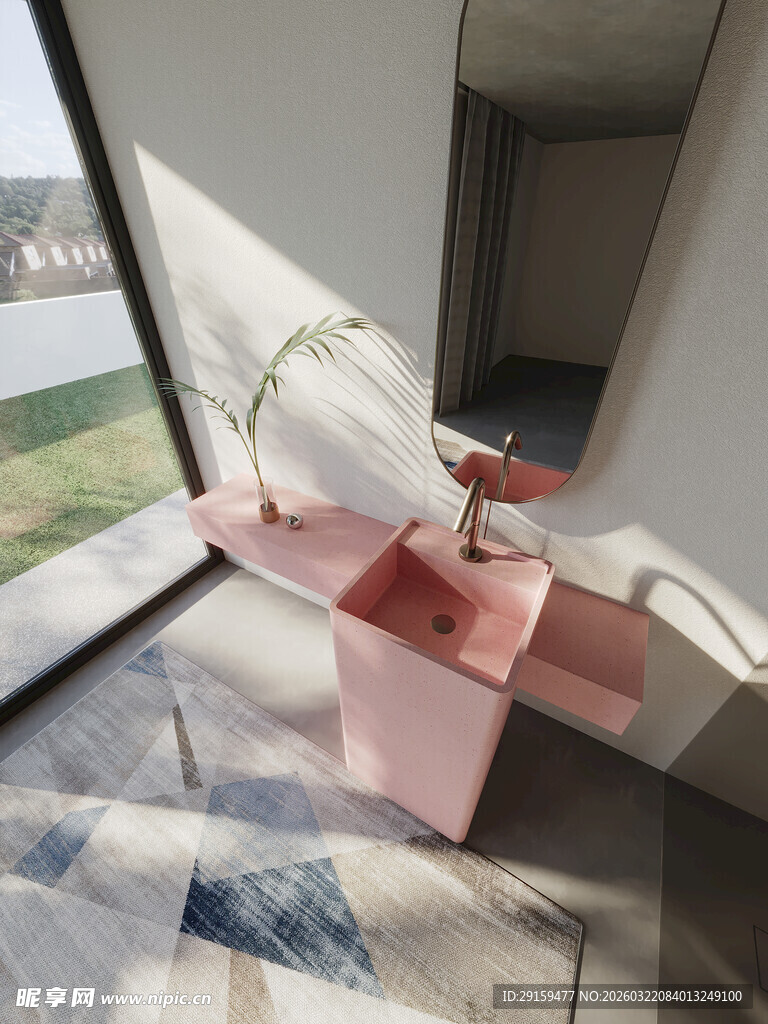 窗边粉色置物架与绿植