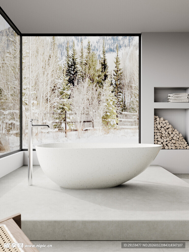 现代浴室中的雪景景观