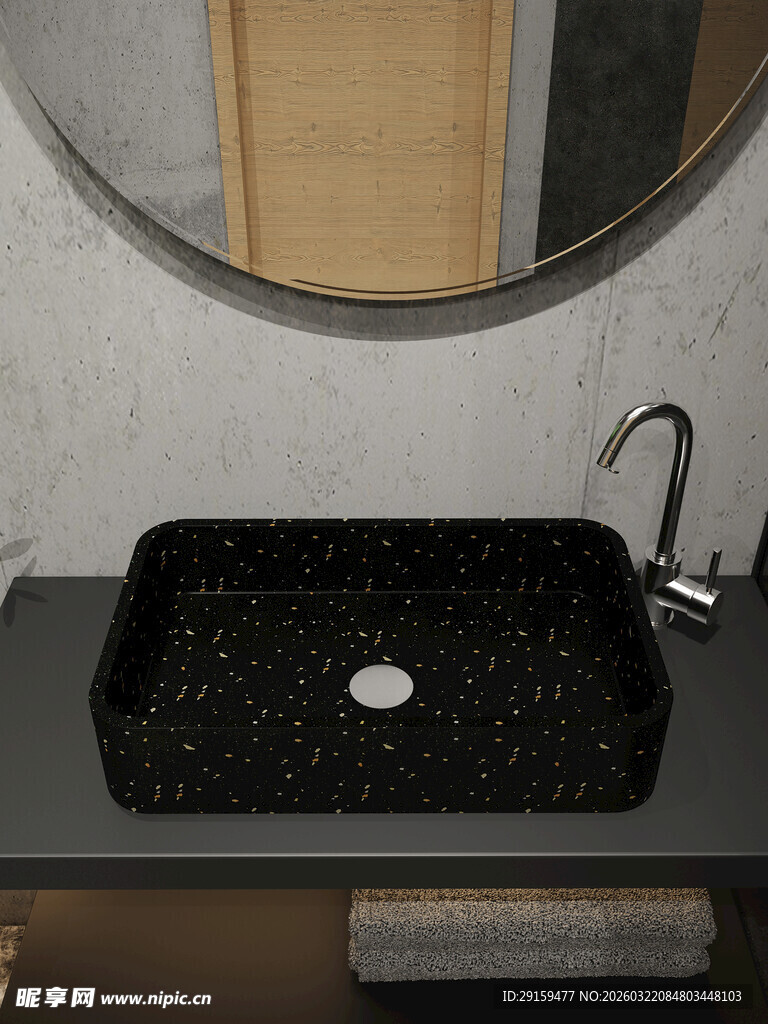 黑色方形洗手盆配圆形镜