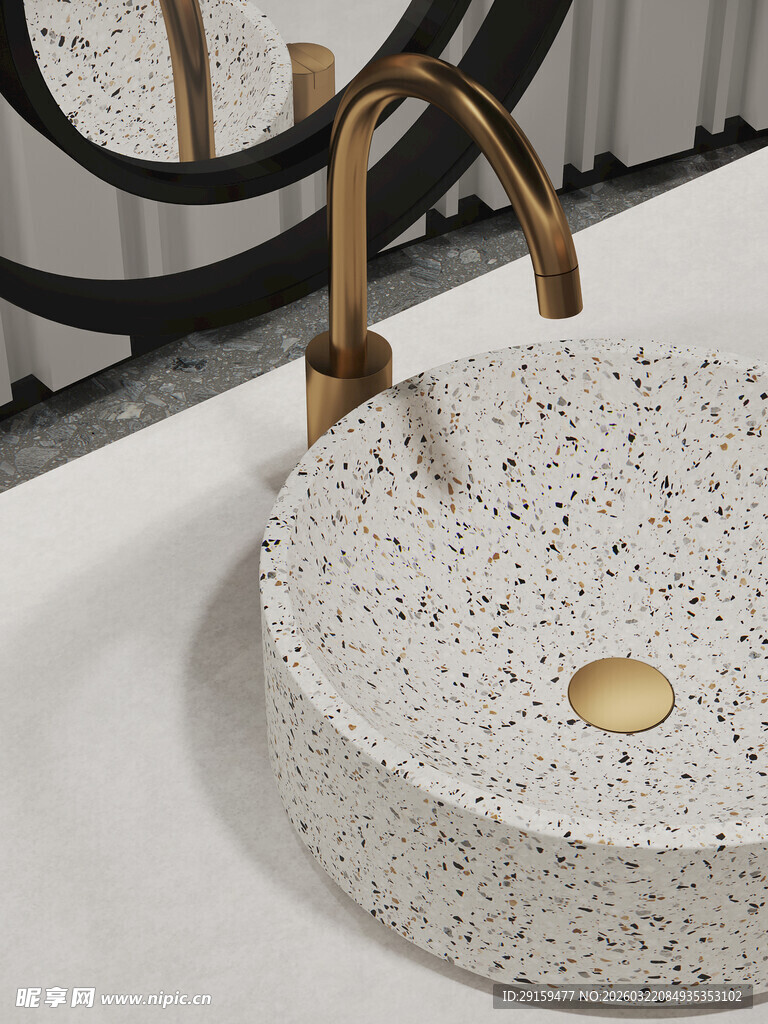 水磨石洗手盆搭配金色水龙头