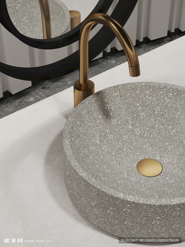 圆形水磨石洗手盆及龙头