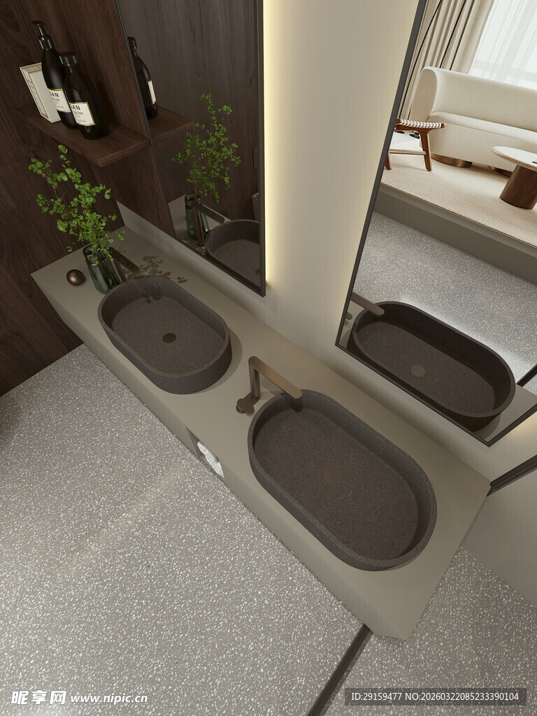 现代双盆浴室洗手台设计