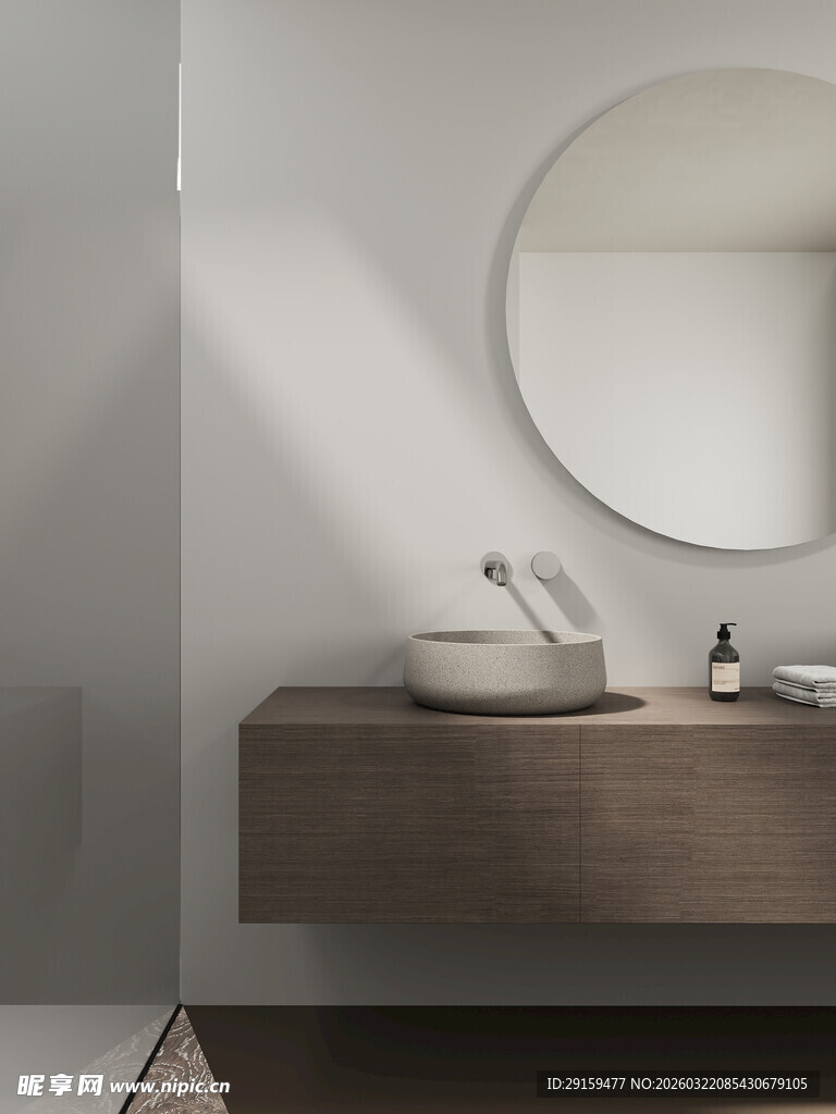简约浴室洗手台与圆镜
