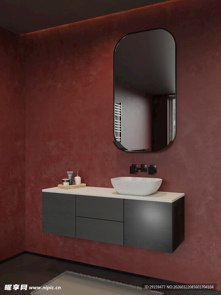 红色墙面的现代简约浴室柜