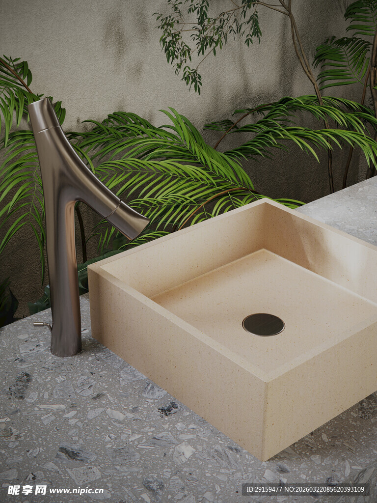 方形洗手盆搭配绿植装饰