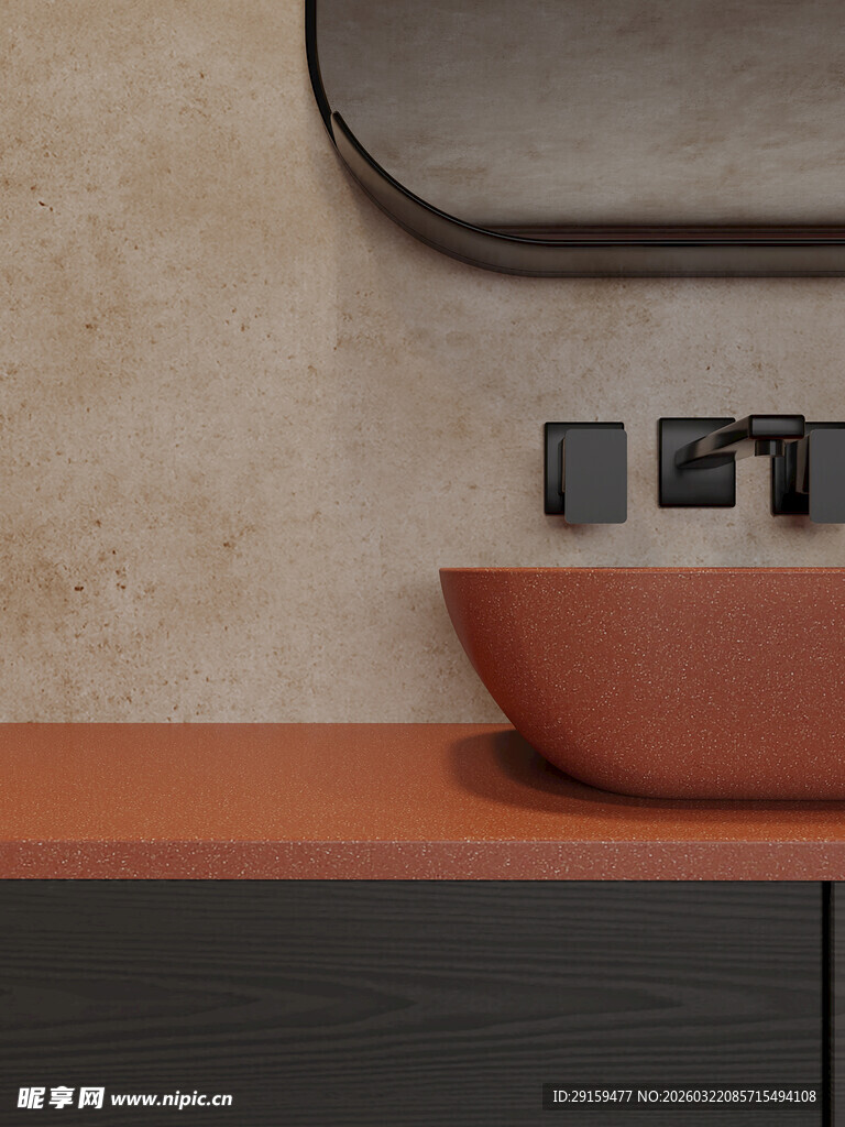 橙色洗手台搭配圆形镜子