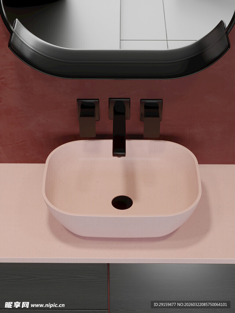 粉色洗手盆搭配黑色龙头