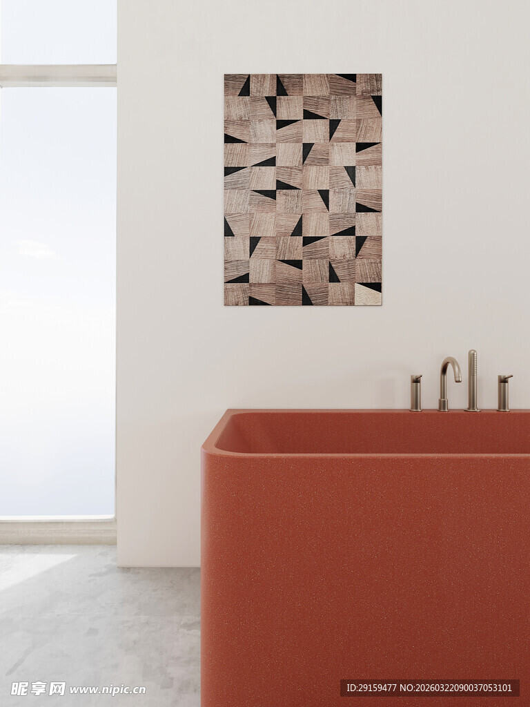 橙色浴缸旁的艺术挂画