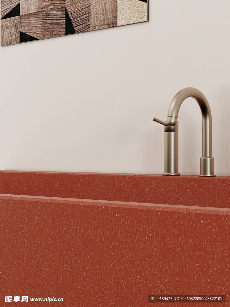 红色浴缸与金属水龙头