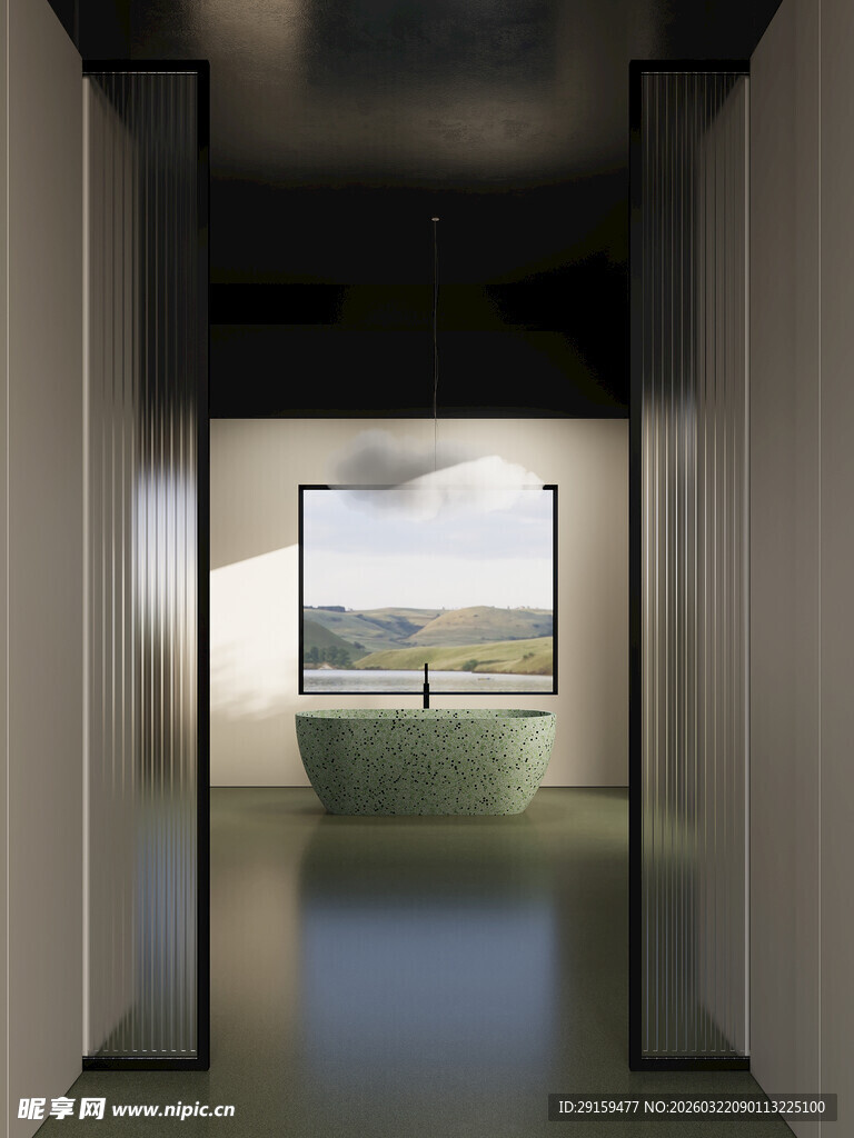 现代走廊尽头的开阔风景