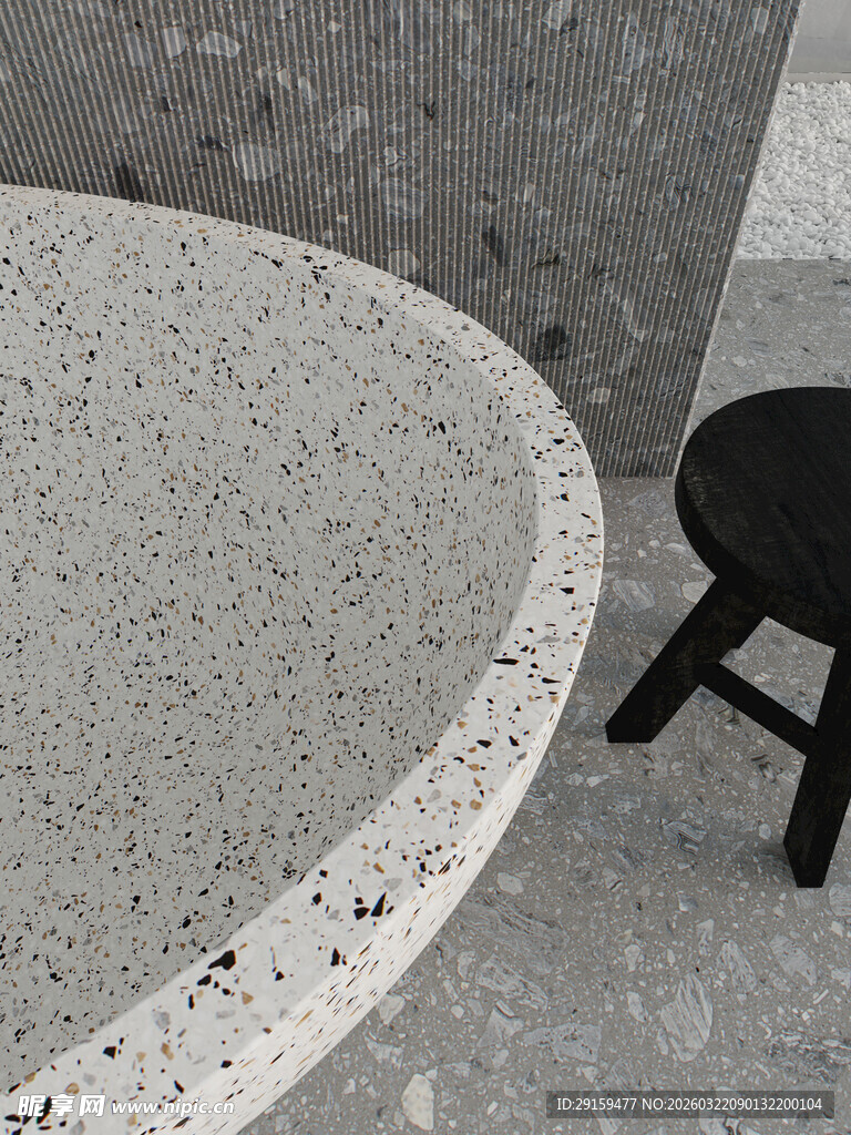 水磨石台面与黑色小凳