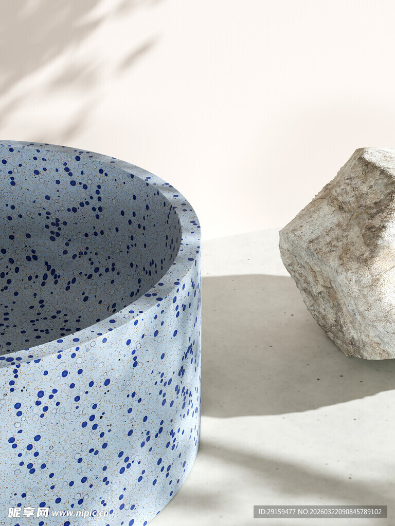 蓝点陶瓷碗与矿石摆件