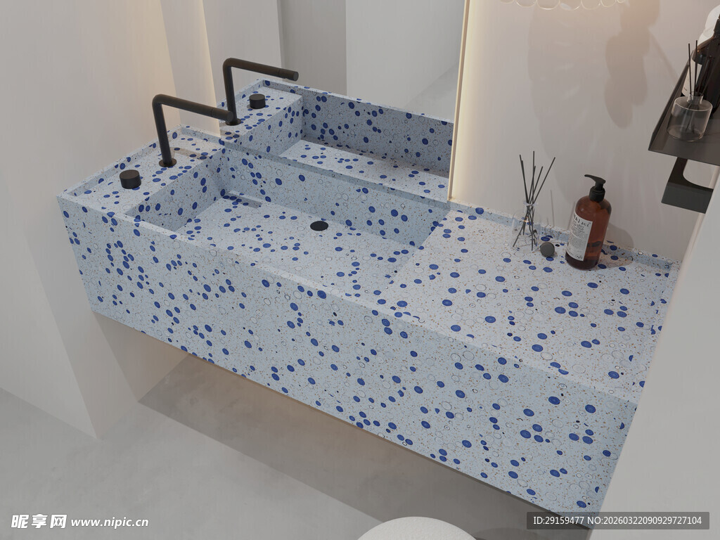 蓝白水磨石洗手台设计