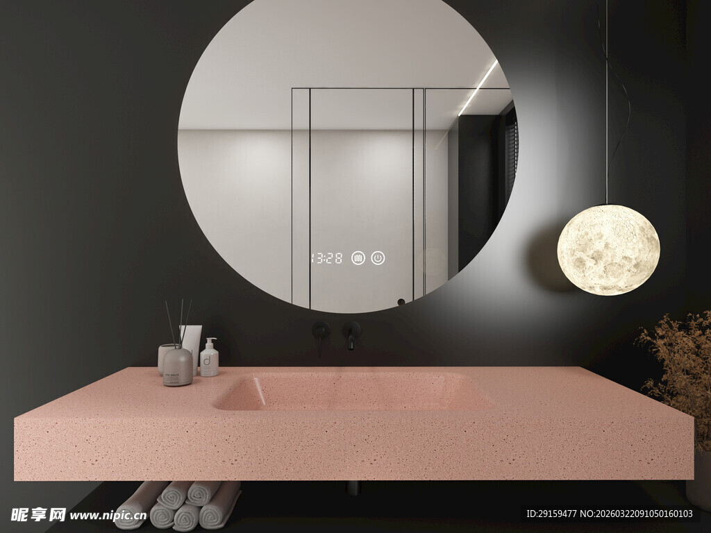 粉色洗手台配圆形镜子