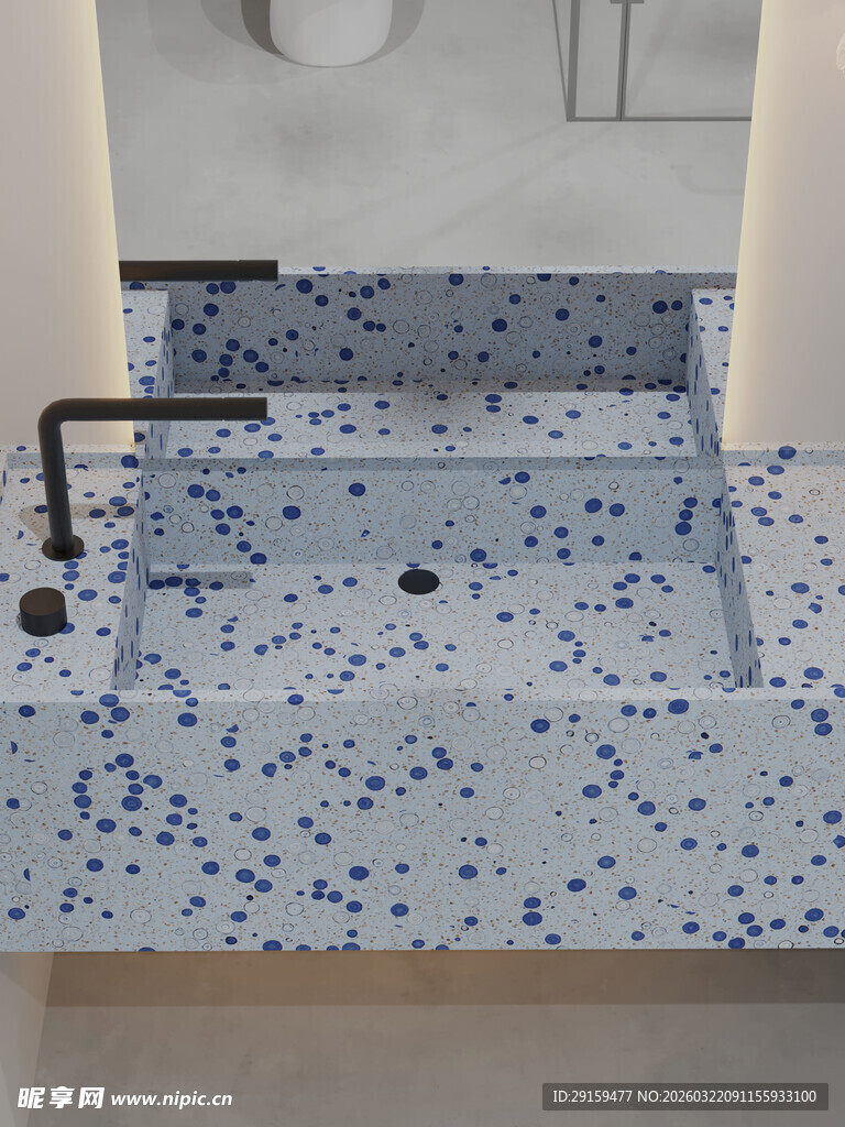 蓝白斑点洗手台特写
