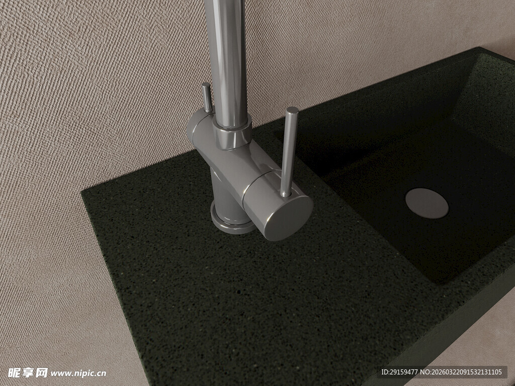 黑色洗手台与金属水龙头
