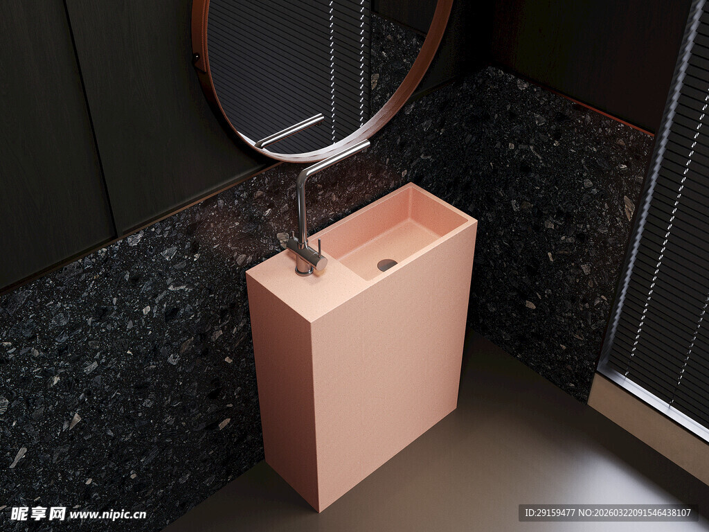 粉色洗手台配圆形镜子