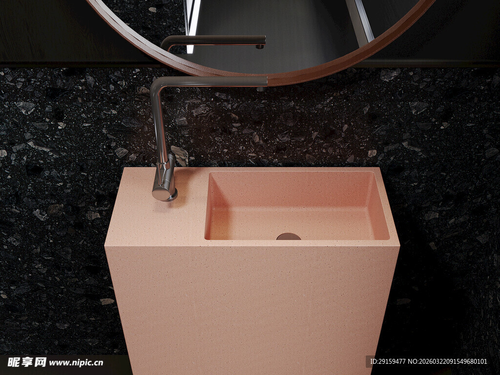 粉色立柱洗手盆与圆镜