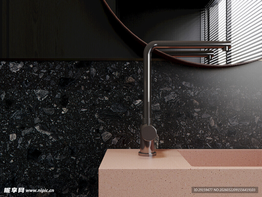 粉色水槽搭配黑色背景墙