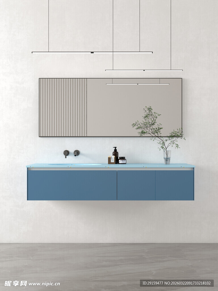 简约蓝色浴室柜配大镜子