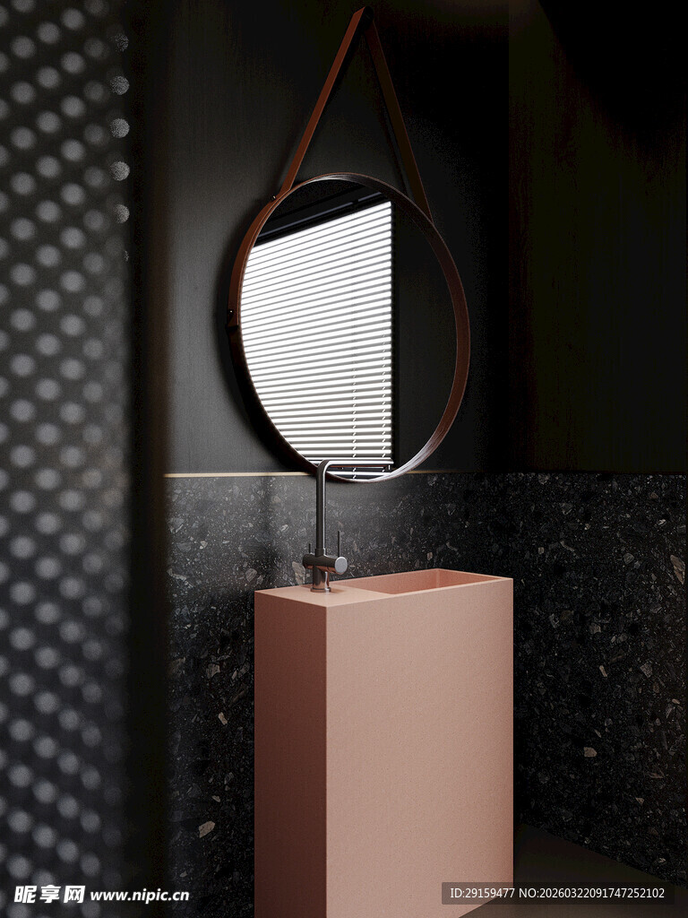 粉色洗手台配圆形镜子