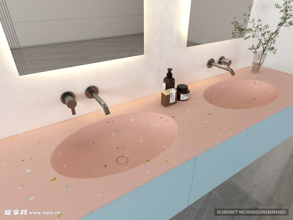 双盆粉色洗手台优雅设计