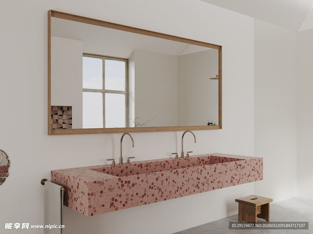 粉色大理石双水槽浴室镜