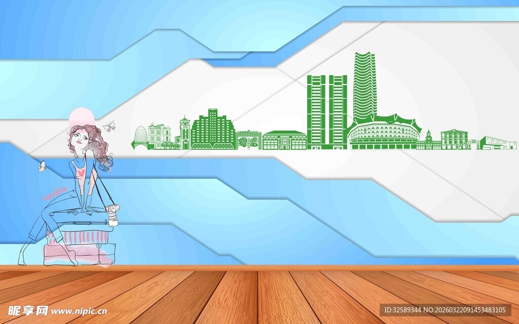 女孩于木地板上眺望城市景